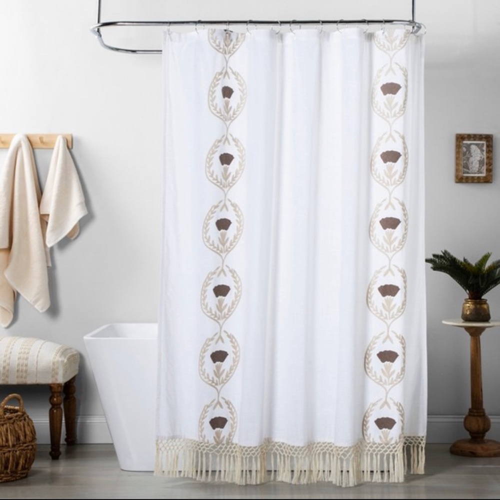 Embroidered & Tassel Pattern Opaque Shower Curtain White - Opalhouse™